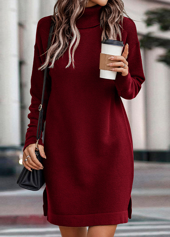 Wine Red Long Sleeve Split Sweater Dress