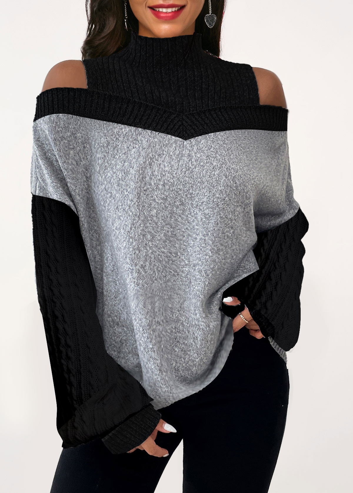 Black tops,Contrast Color tops,ROTITA Patchwork Black Turn Down Collar Long Sleeve Sweatshirt