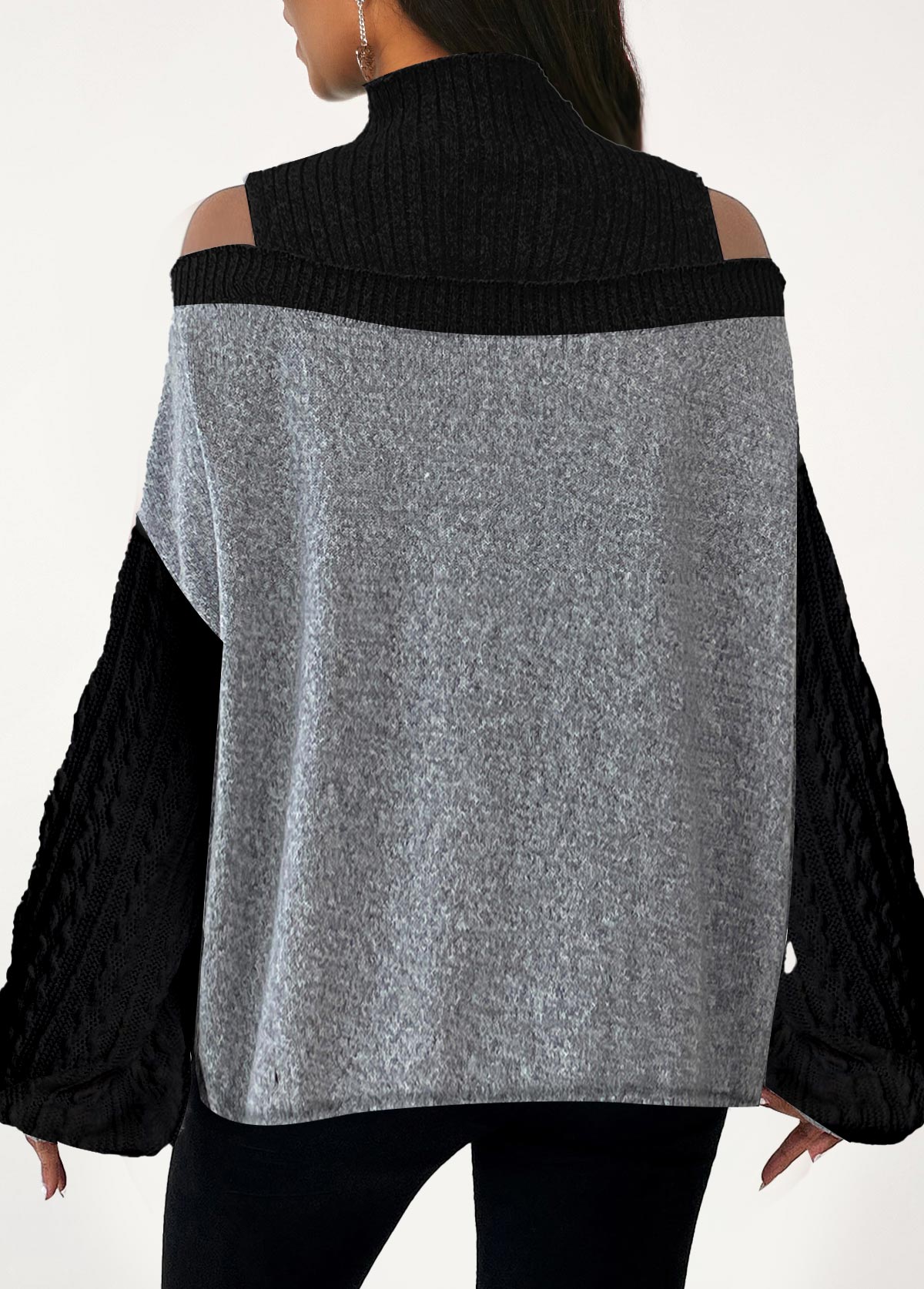 Black tops,Contrast Color tops,ROTITA Patchwork Black Turn Down Collar Long Sleeve Sweatshirt