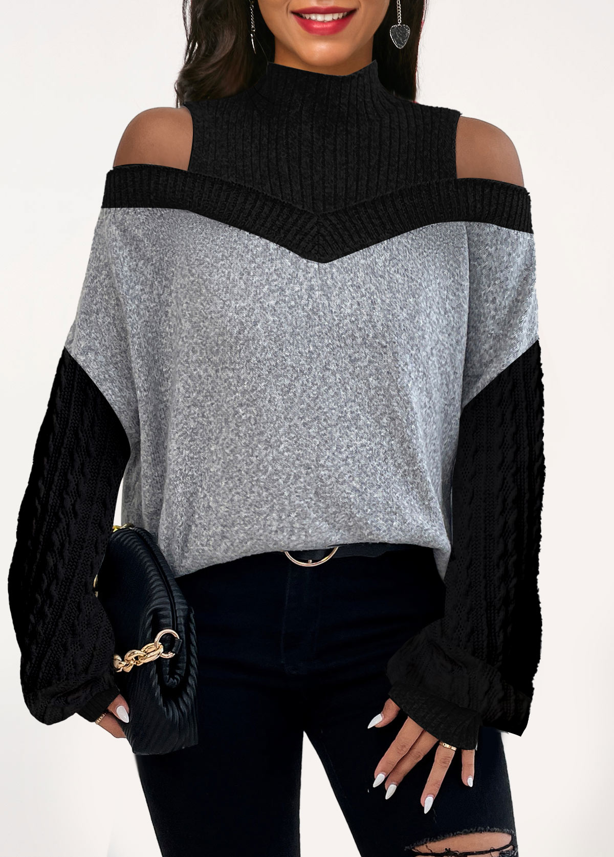 Black tops,Contrast Color tops,ROTITA Patchwork Black Turn Down Collar Long Sleeve Sweatshirt