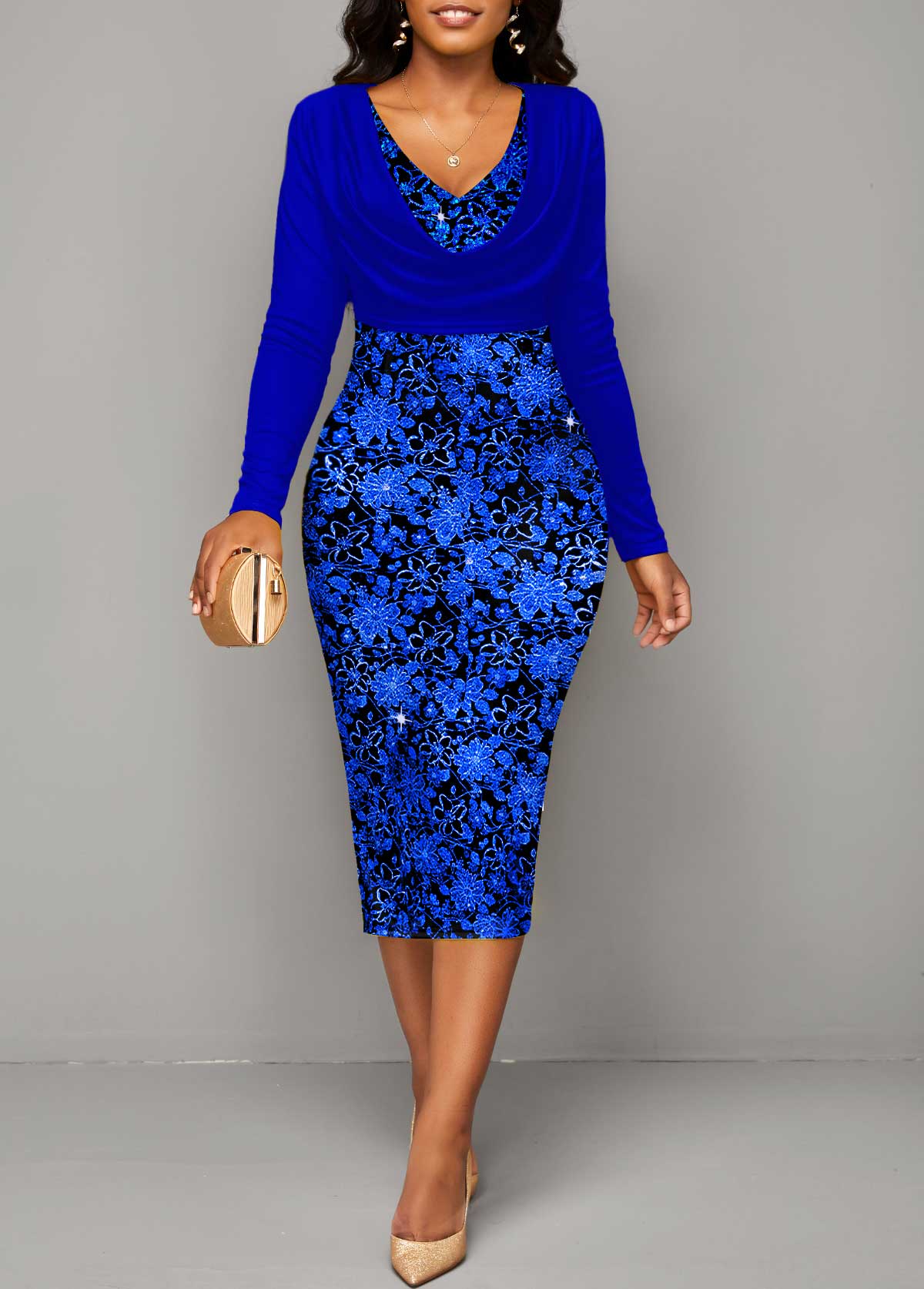 ROTITA Hot Stamping Royal Blue V Neck Bodycon Dress
