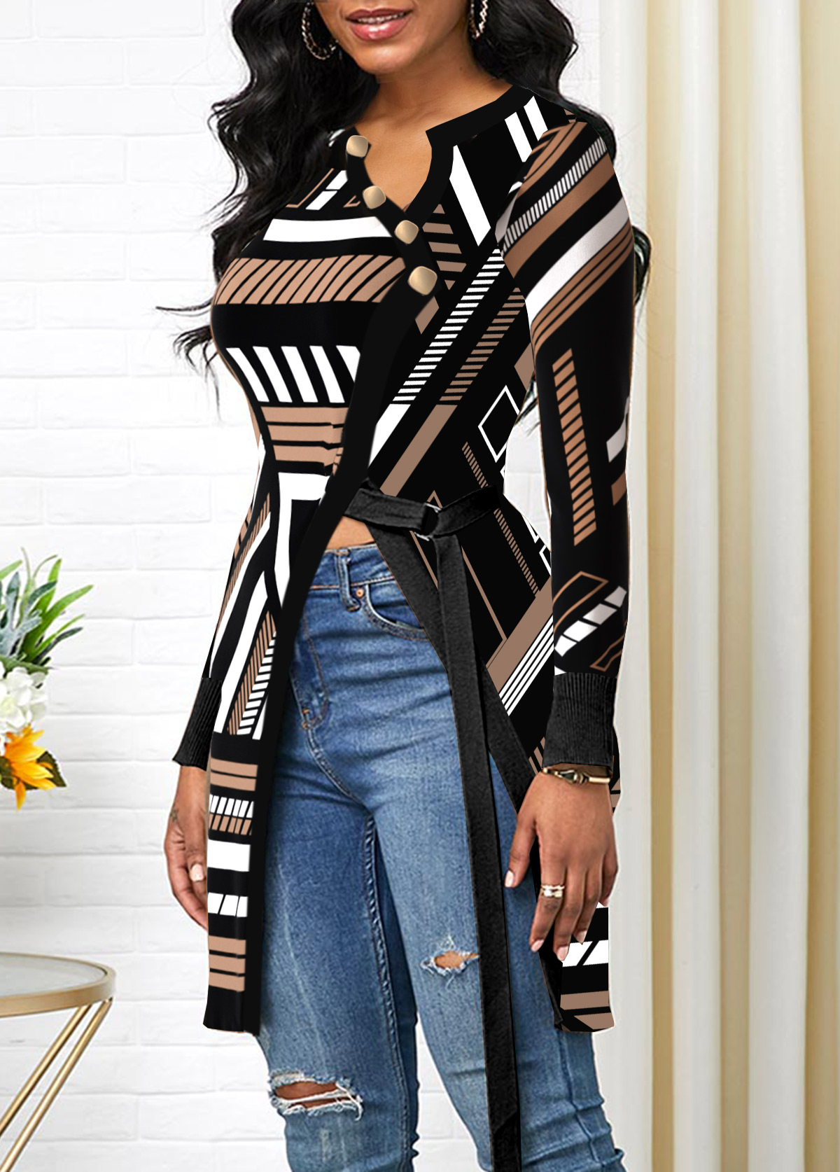 Black tops,Geometric tops,Striped tops,ROTITA Split Geometric Print Black Asymmetrical Neck T Shirt