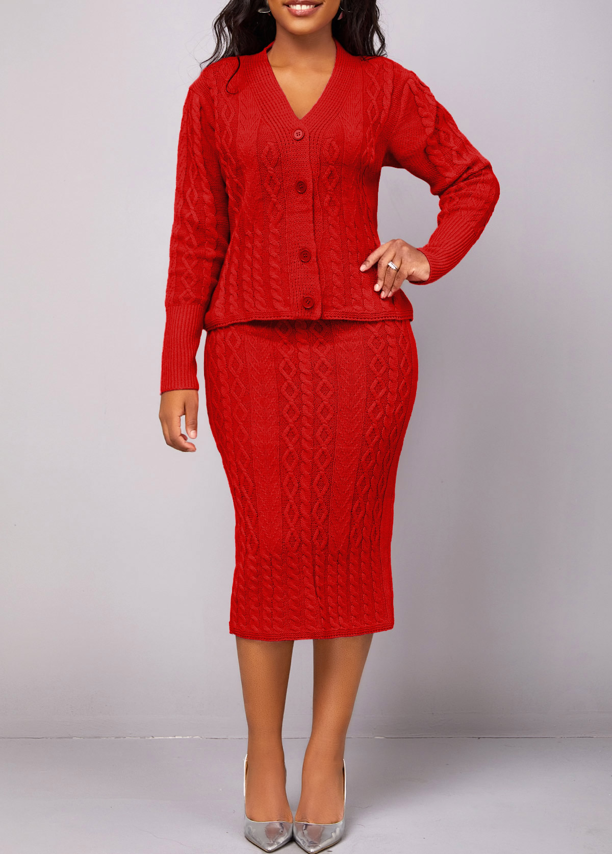 Red dresses,Plain Color dresses,ROTITA Button Long Sleeve Red Top and Skirt