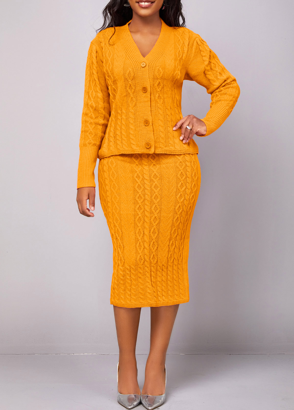 Ginger dresses,Plain Color dresses,ROTITA Button Long Sleeve Ginger Top and Skirt