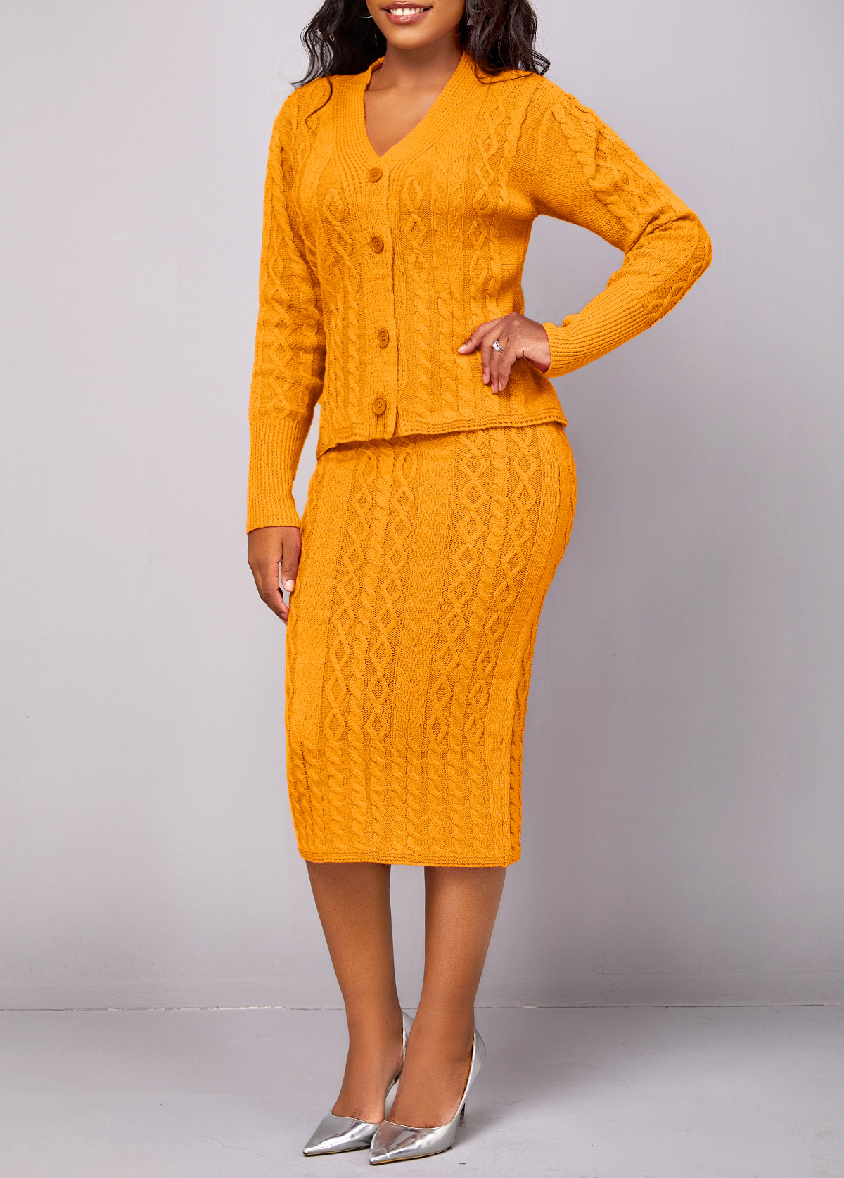 Ginger dresses,Plain Color dresses,ROTITA Button Long Sleeve Ginger Top and Skirt