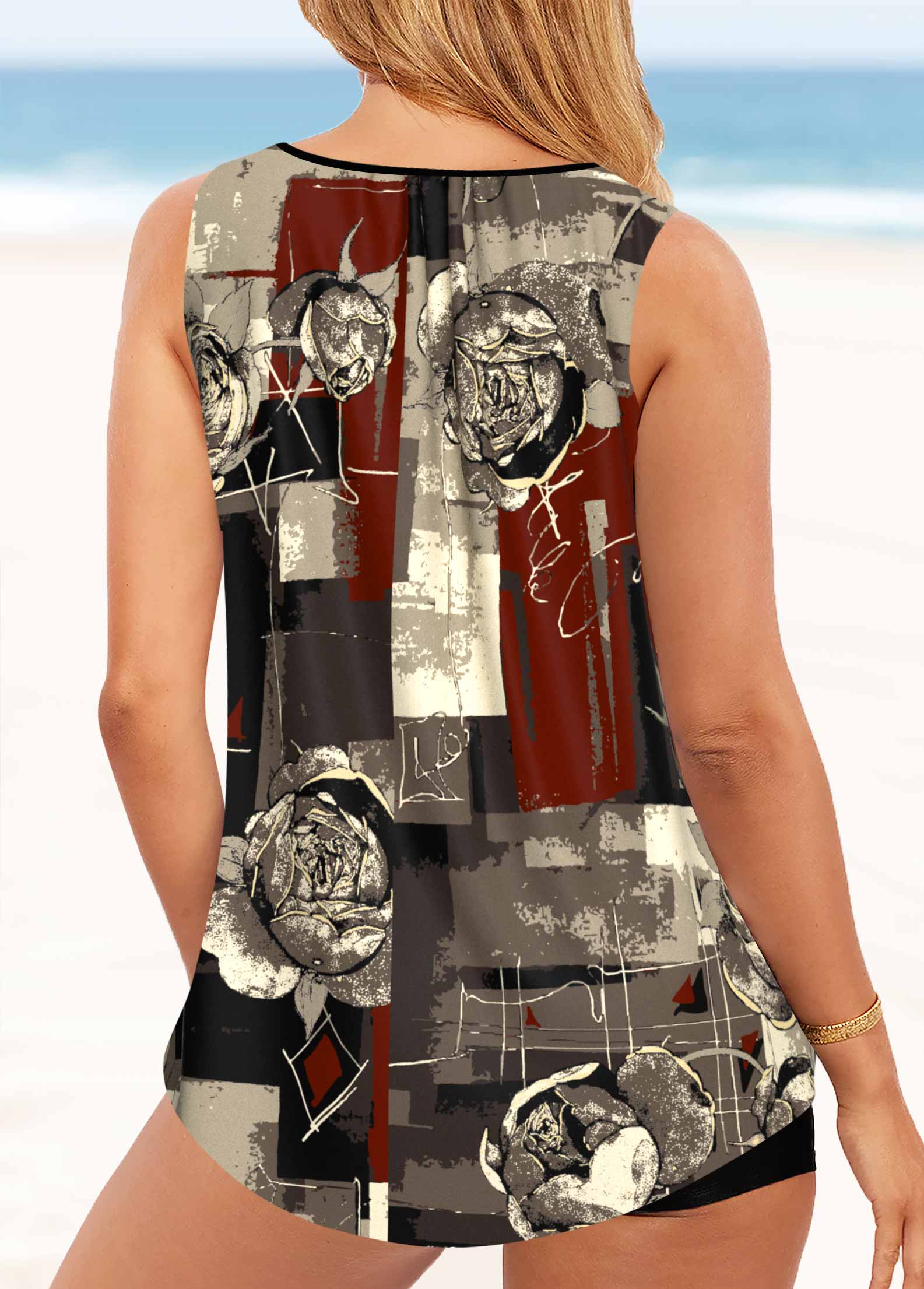 Multi Color swimwear,Floral swimwear,Geometric swimwear,ROTITA Metal Ring Multi Color Floral Print Tankini Top