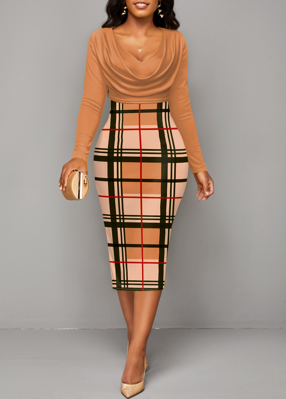 ROTITA Patchwork Plaid Light Coffee V Neck Bodycon Dress