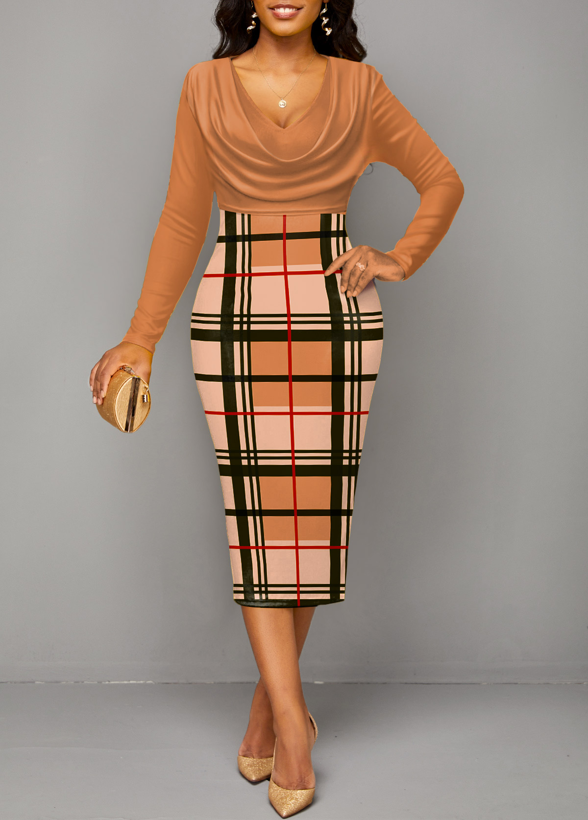 Light Coffee dresses,Plaid dresses,Geometric dresses,Striped dresses,ROTITA Patchwork Plaid Light Coffee V Neck Bodycon Dress