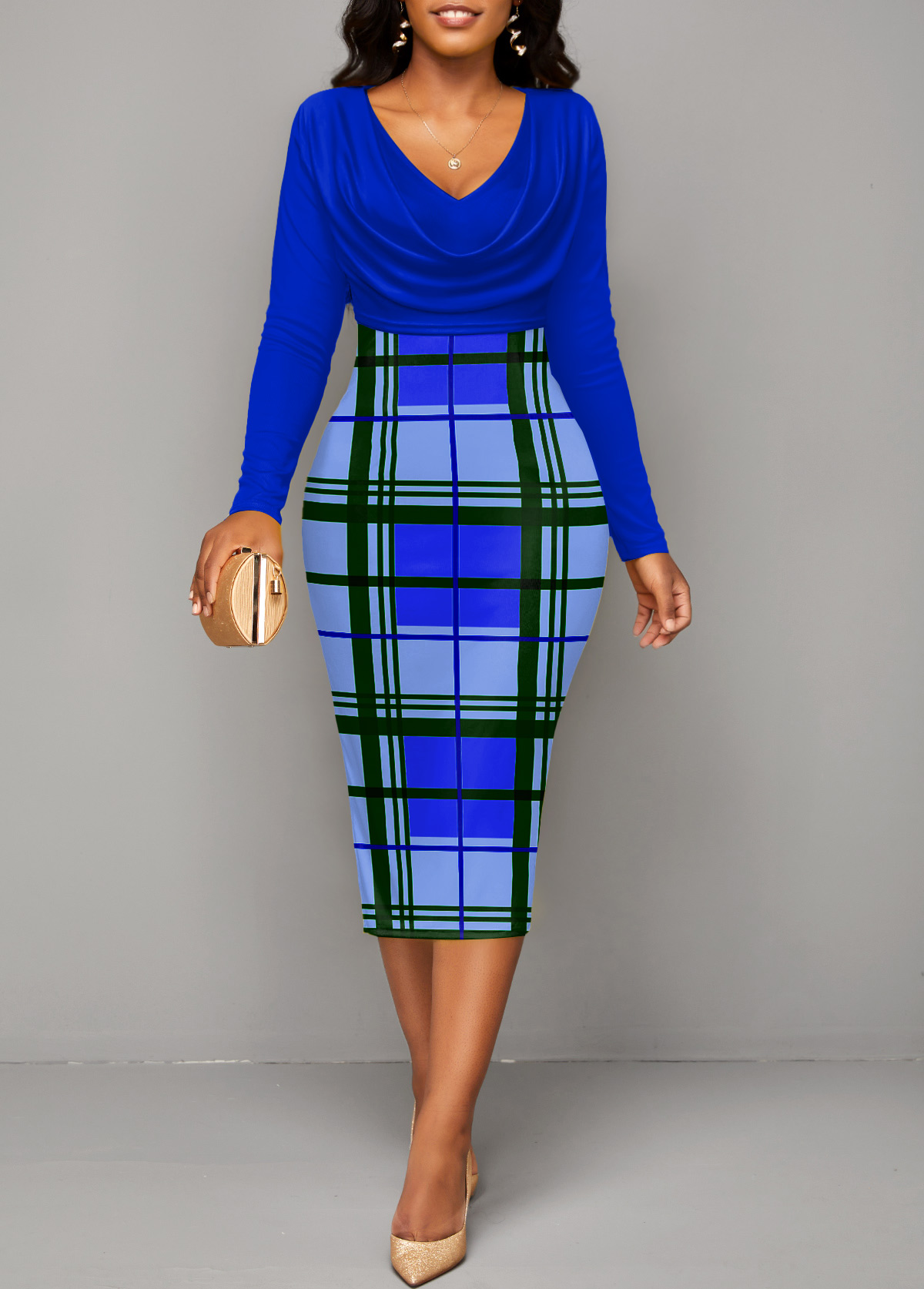 ROTITA Patchwork Plaid Royal Blue V Neck Bodycon Dress