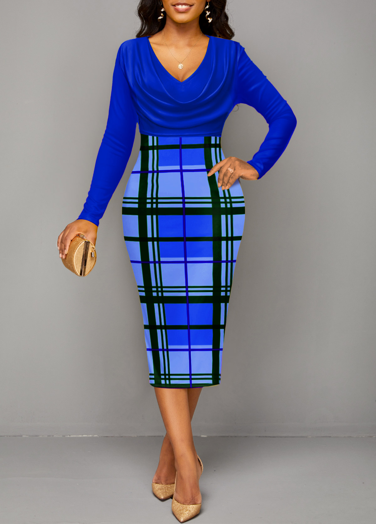 Royal Blue dresses,Plaid dresses,Striped dresses,Geometric dresses,ROTITA Patchwork Plaid Royal Blue V Neck Bodycon Dress