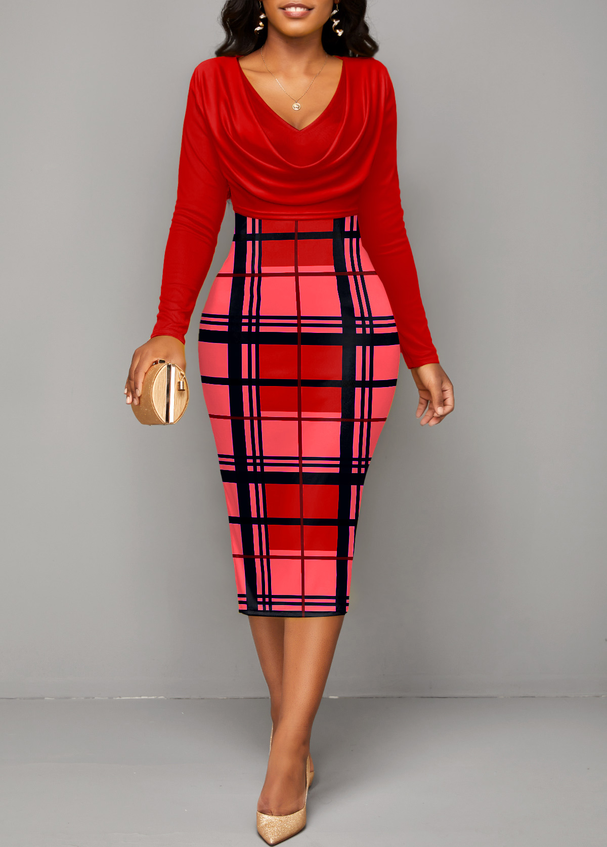 ROTITA Plaid Red V Neck Long Sleeve Bodycon Dress