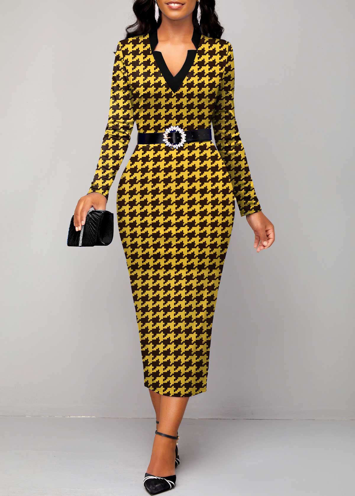 ROTITA Houndstooth Print Yellow V Neck Bodycon Dress