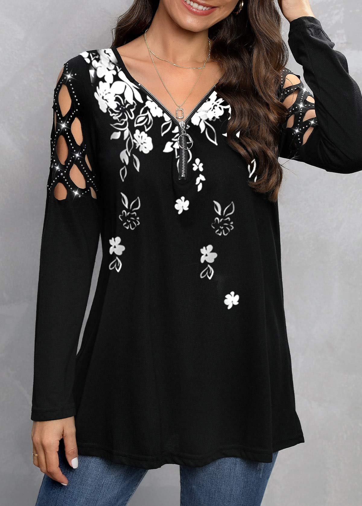 Black tops,Floral tops,ROTITA Zipper Floral Print Black V Neck T Shirt