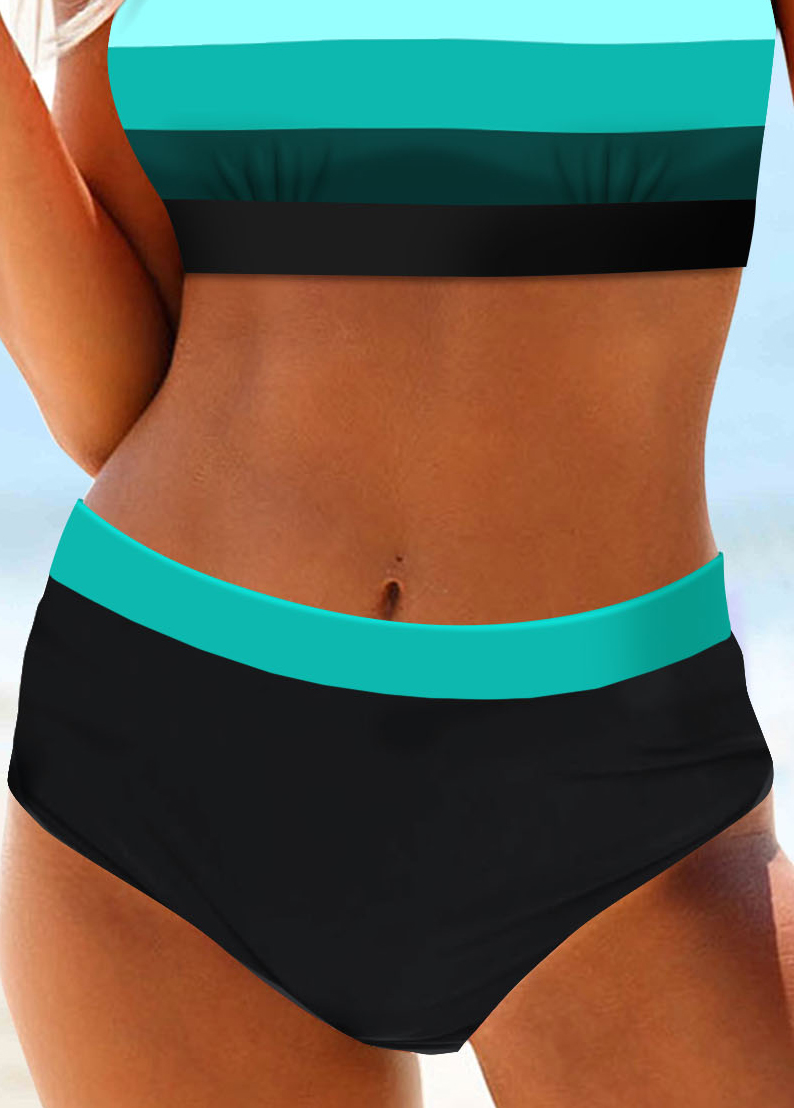 Cyan swimwear,Striped swimwear,ROTITA Patchwork Wide Strap Cyan Striped Bikini Top