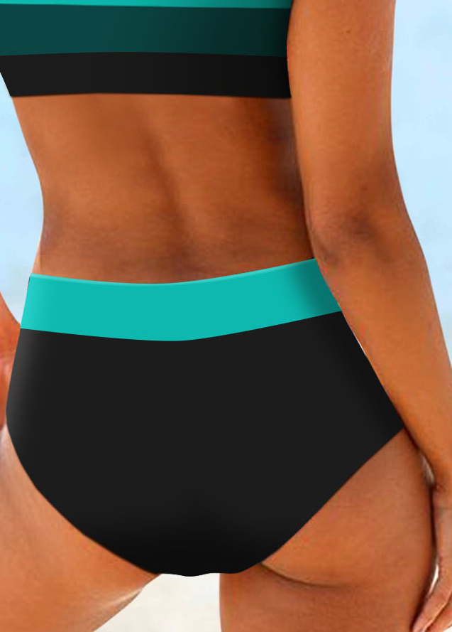 Cyan swimwear,Striped swimwear,ROTITA Patchwork Wide Strap Cyan Striped Bikini Top