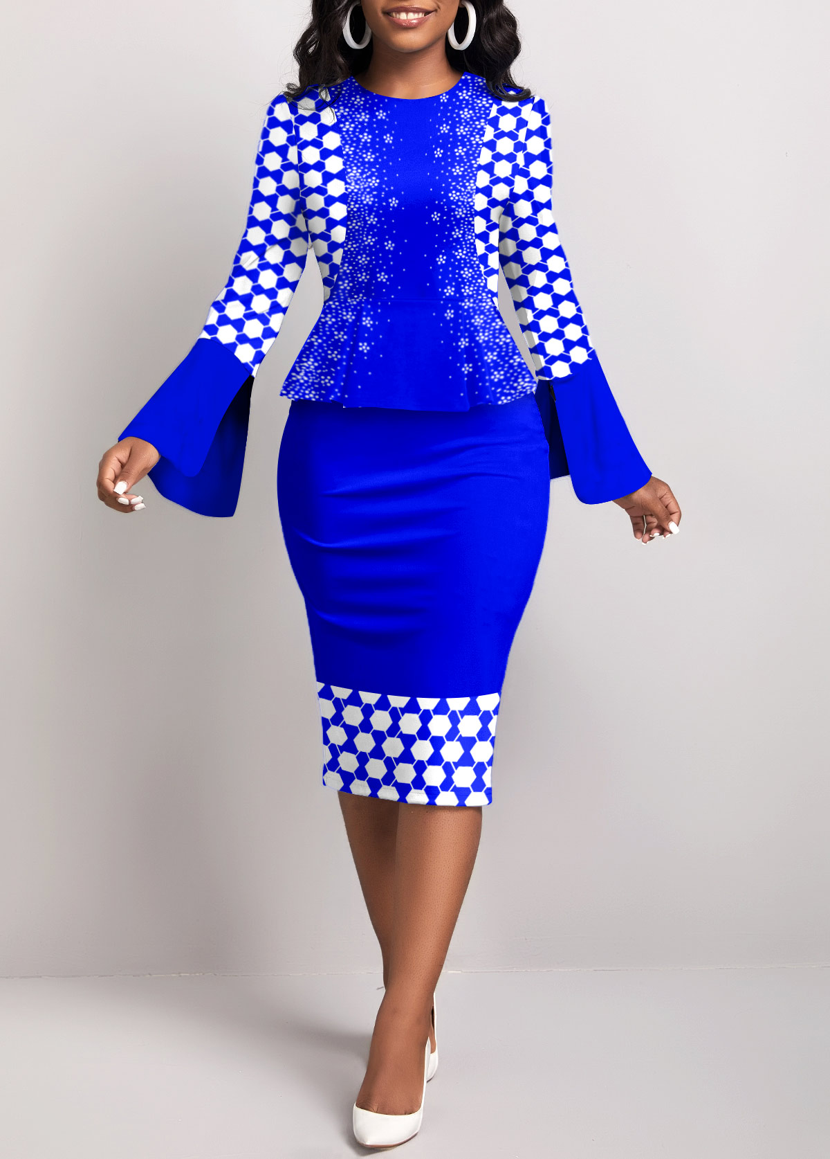 ROTITA Fake 2in1 Geometric Print Royal Blue Bodycon Dress