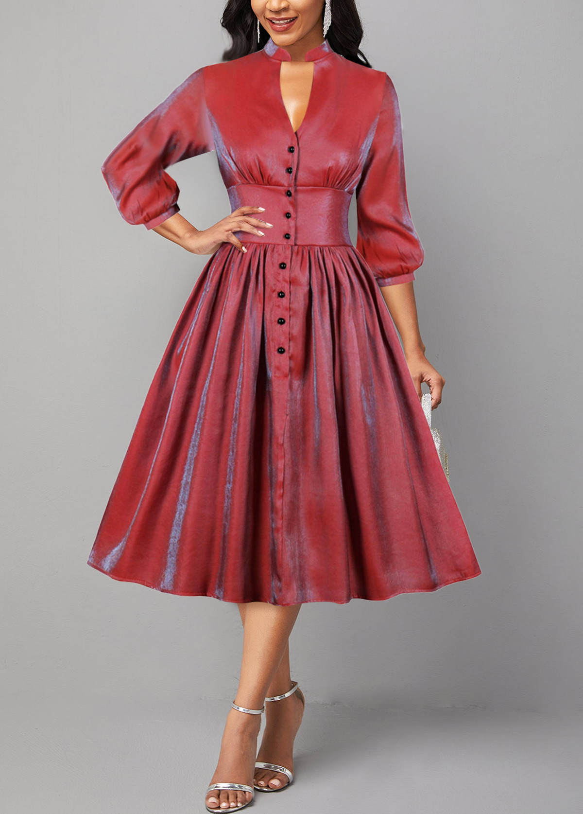 Red dresses,Plain Color dresses,ROTITA Shinning Red Button Stand Collar Dress