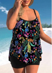 Black plus size,Plants plus size,ROTITA Plus Size Leaf Print Black Tankini Top