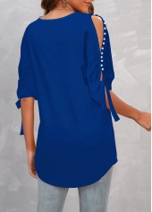 Dark Blue tops,Plain Color tops,ROTITA Pearl Design Dark Blue Cold Shoulder T Shirt
