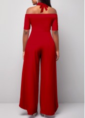 Red jumpsuits & rompers,Plain Color jumpsuits & rompers,ROTITA Cold Shoulder Short Sleeve Red Jumpsuit