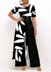 ROTITA Graffiti Print Belted Black Asymmetric Hem Jumpsuit