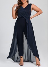 ROTITA Plus Size Patchwork Navy V Neck Sleeveless Jumpsuit
