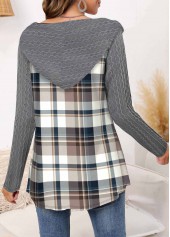 Grey tops,Plaid tops,ROTITA Twisted Tartan Print Grey Long Sleeve Hoodie