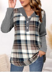Grey tops,Plaid tops,ROTITA Twisted Tartan Print Grey Long Sleeve Hoodie