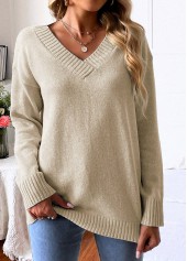 Light Camel V Neck Long Sleeve Sweater