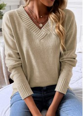 Light Camel tops,Plain Color tops,Light Camel V Neck Long Sleeve Sweater