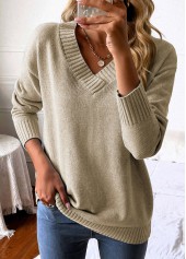 Light Camel tops,Plain Color tops,Light Camel V Neck Long Sleeve Sweater