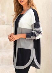 Black tops,Plaid tops,Geometric tops,ROTITA Split Plaid Black Long Sleeve Coat