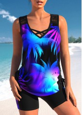ROTITA Lace Multi Color Tropical Plants Print Tankini Set