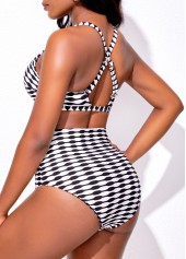 Black swimwear,Geometric swimwear,Plaid swimwear,ROTITA Black Mid Waisted Geometric Print Bikini Set