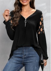 Black tops,Plain Color tops,Zipper Black V Neck Long Sleeve T Shirt