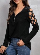 Black tops,Plain Color tops,Zipper Black V Neck Long Sleeve T Shirt