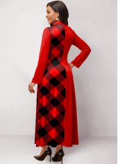 Red dresses,Plaid dresses,ROTITA Patchwork Plaid Red Stand Collar Maxi Dress