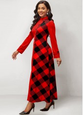 Red dresses,Plaid dresses,ROTITA Patchwork Plaid Red Stand Collar Maxi Dress
