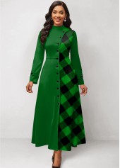 ROTITA Patchwork Plaid Green Stand Collar Maxi Dress