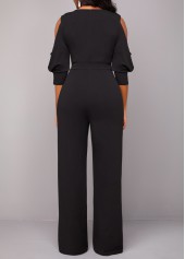 Black jumpsuits & rompers,Plain Color jumpsuits & rompers,ROTITA Metal Ring Cold Shoulder V Neck Black Jumpsuit
