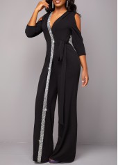 Black jumpsuits & rompers,Plain Color jumpsuits & rompers,ROTITA Metal Ring Cold Shoulder V Neck Black Jumpsuit