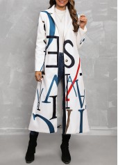 Pocket Letter Print White Lapel Long Sleeve Coat