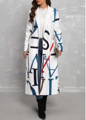 White outerwear & coats,Letter outerwear & coats,Pocket Letter Print White Lapel Long Sleeve Coat