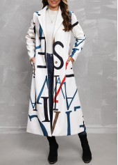 White outerwear & coats,Letter outerwear & coats,Pocket Letter Print White Lapel Long Sleeve Coat