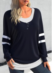 Navy tops,Contrast Color tops,ROTITA Patchwork Navy Round Neck Long Sleeve Sweatshirt