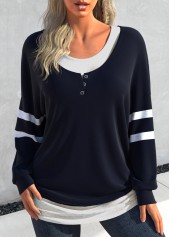 ROTITA Patchwork Navy Round Neck Long Sleeve Sweatshirt
