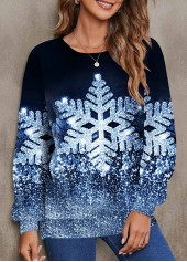 ROTITA Snowflake Print Blue Round Neck Long Sleeve Sweatshirt