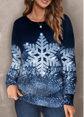 Blue tops,Christmas tops,ROTITA Snowflake Print Blue Round Neck Long Sleeve Sweatshirt
