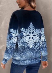 Blue tops,Christmas tops,ROTITA Snowflake Print Blue Round Neck Long Sleeve Sweatshirt