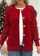 ROTITA Lace Panel Button Up Red Round Neck Cardigan